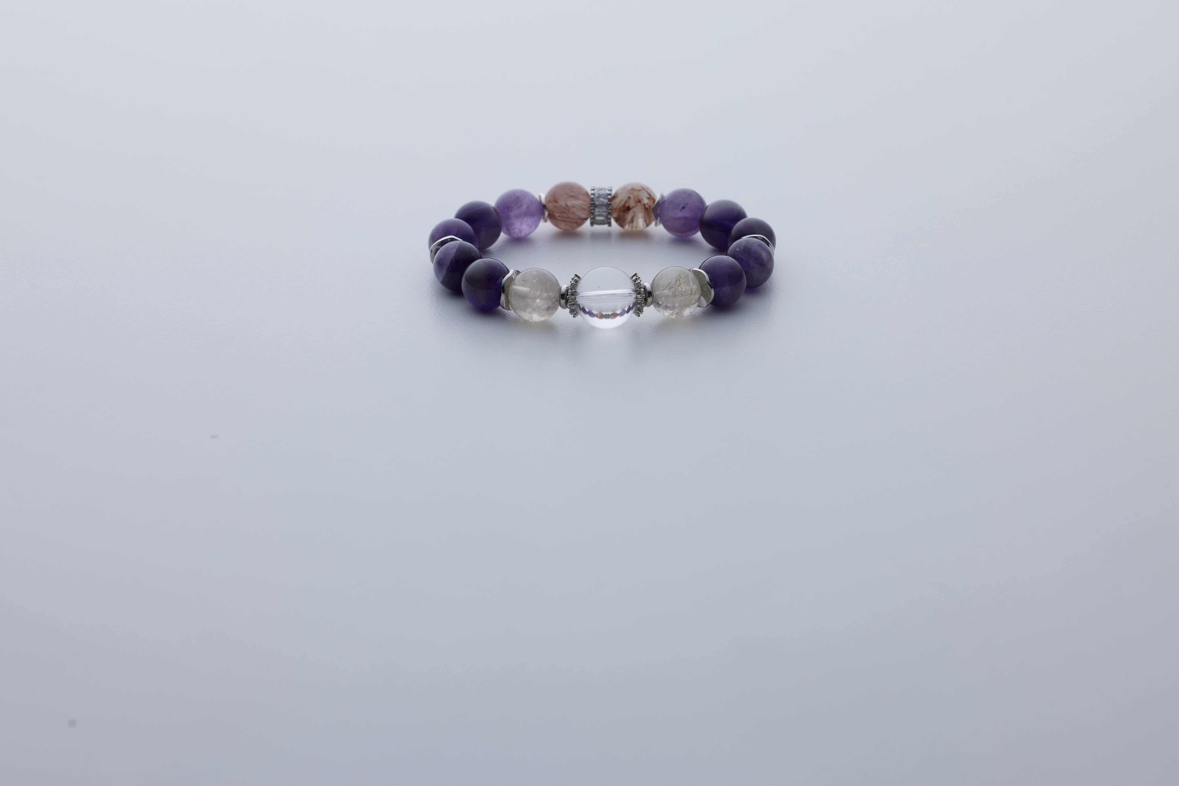 紫水晶設計款手鏈｜白水晶 × 白髮晶 × 紅髮晶｜護心、聚財、招貴人