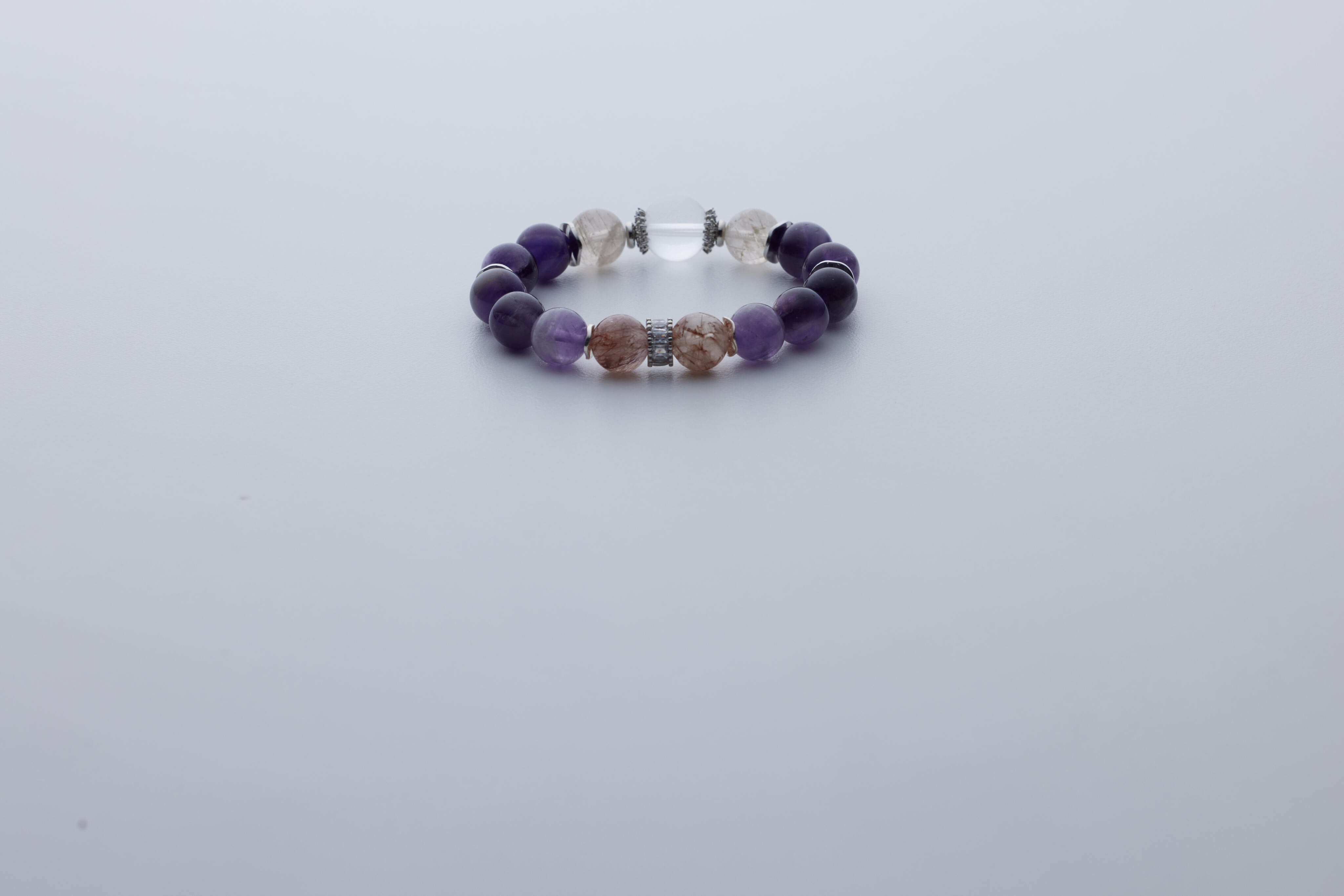 紫水晶設計款手鏈｜白水晶 × 白髮晶 × 紅髮晶｜護心、聚財、招貴人