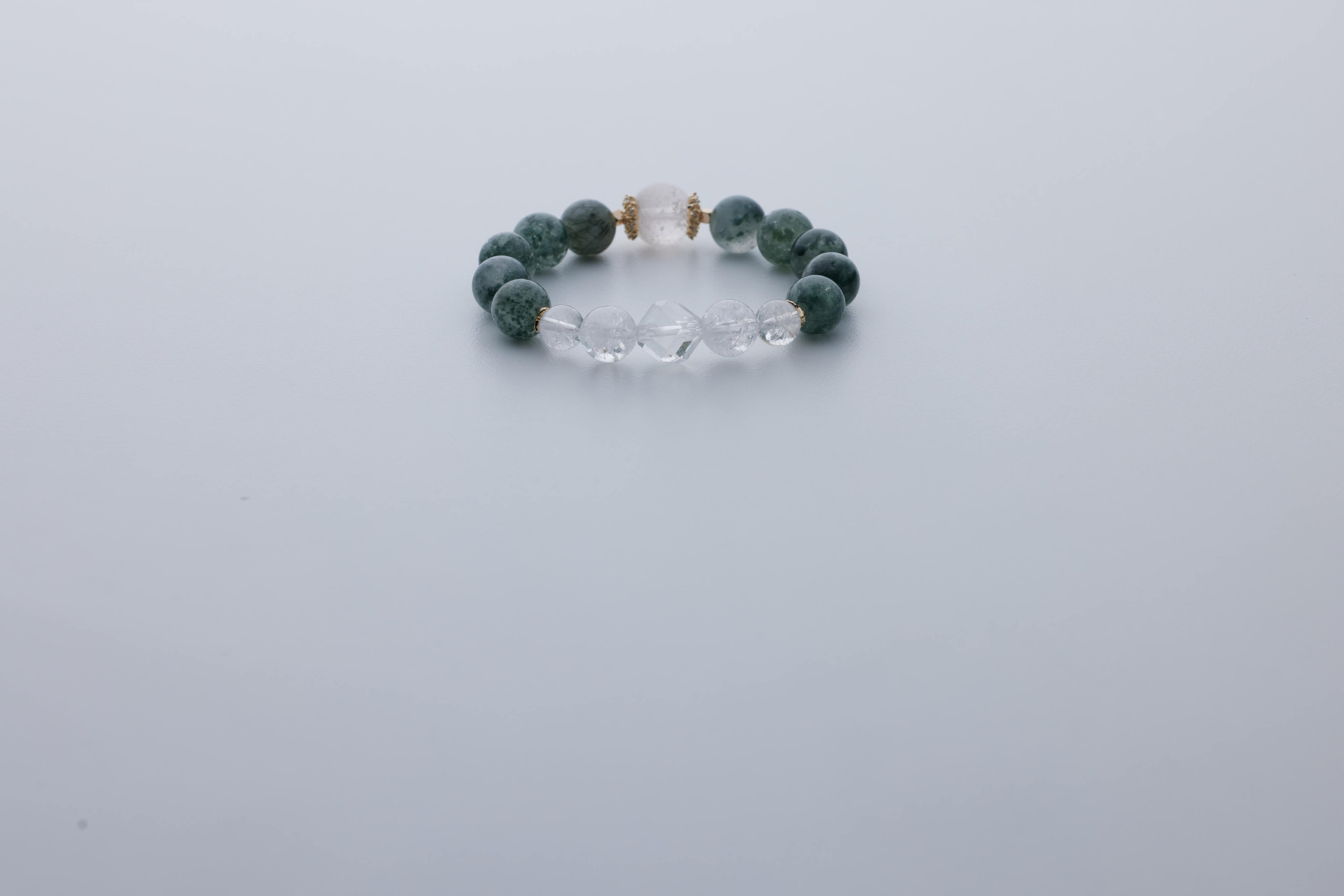 簡約綠草莓晶水晶手鏈｜綠髮晶、綠草莓晶、白水晶｜五行「木」10mm