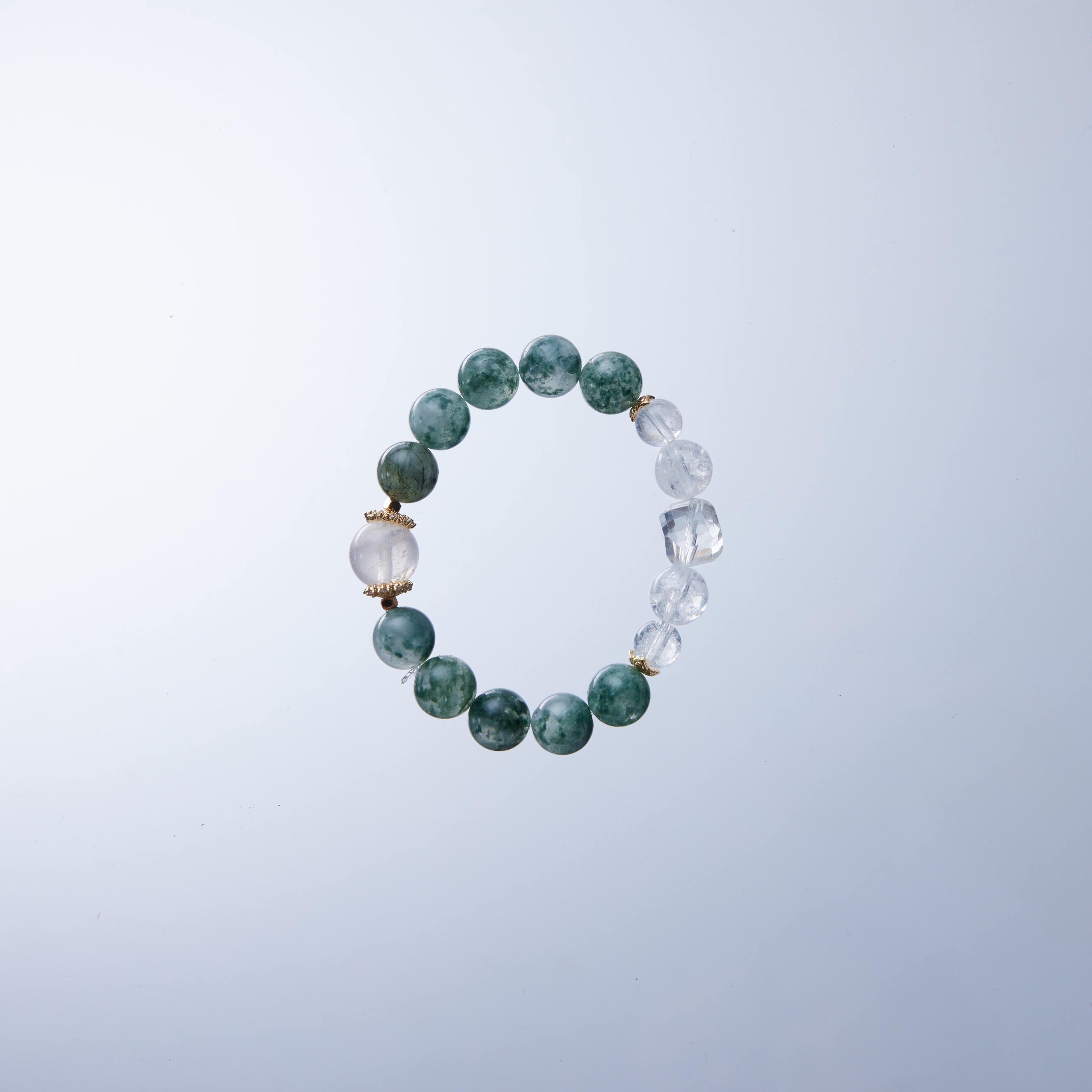 簡約綠草莓晶水晶手鏈｜綠髮晶、綠草莓晶、白水晶｜五行「木」10mm