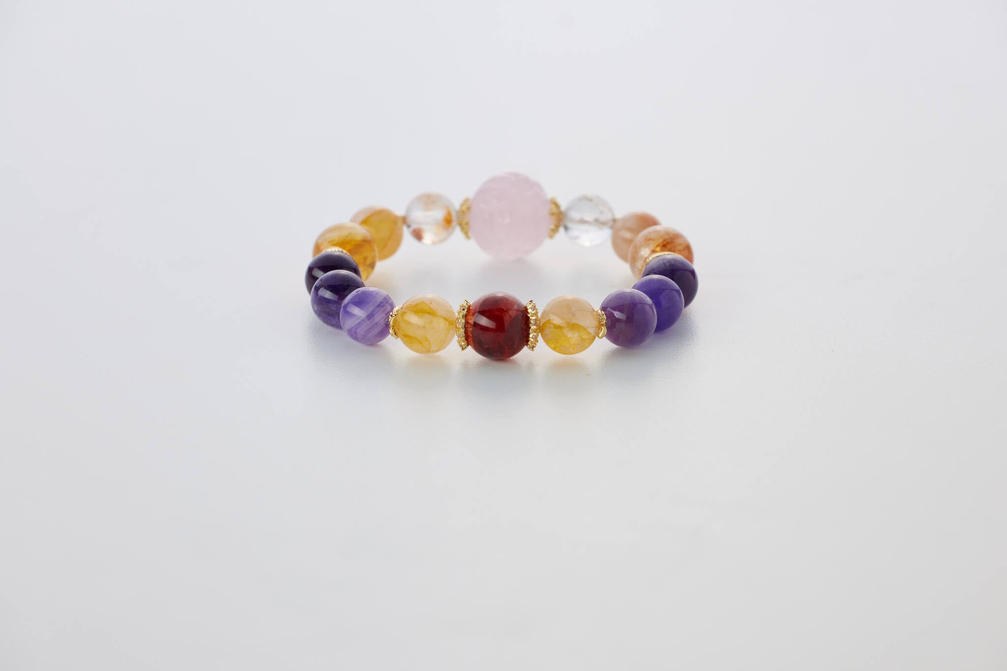 九尾狐能量設計款｜粉水晶 × 紫水晶 × 紅膠花 × 黃膠花｜天然水晶手鏈／手串