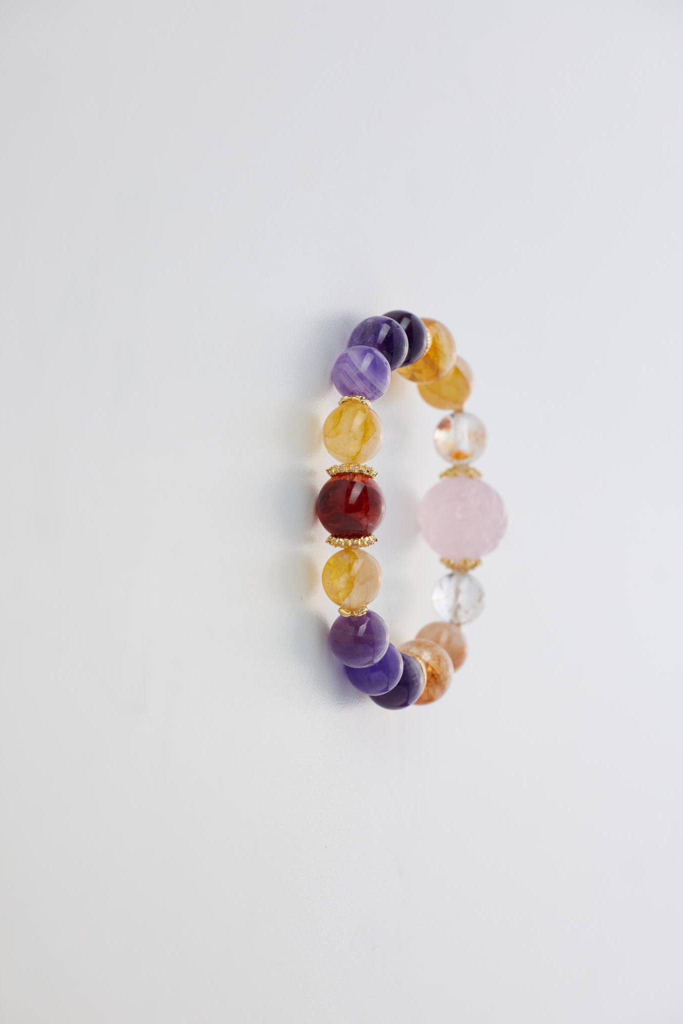 九尾狐能量設計款｜粉水晶 × 紫水晶 × 紅膠花 × 黃膠花｜天然水晶手鏈／手串