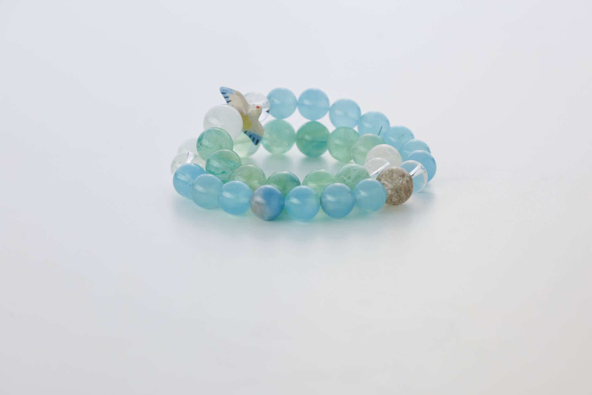 天然水晶雙圈能量頸鏈／手鏈｜海藍寶 × 綠羽毛螢石 × 幽靈聚寶盆 × 阿塞白水晶 × 透體白水晶 × 七彩白幽靈