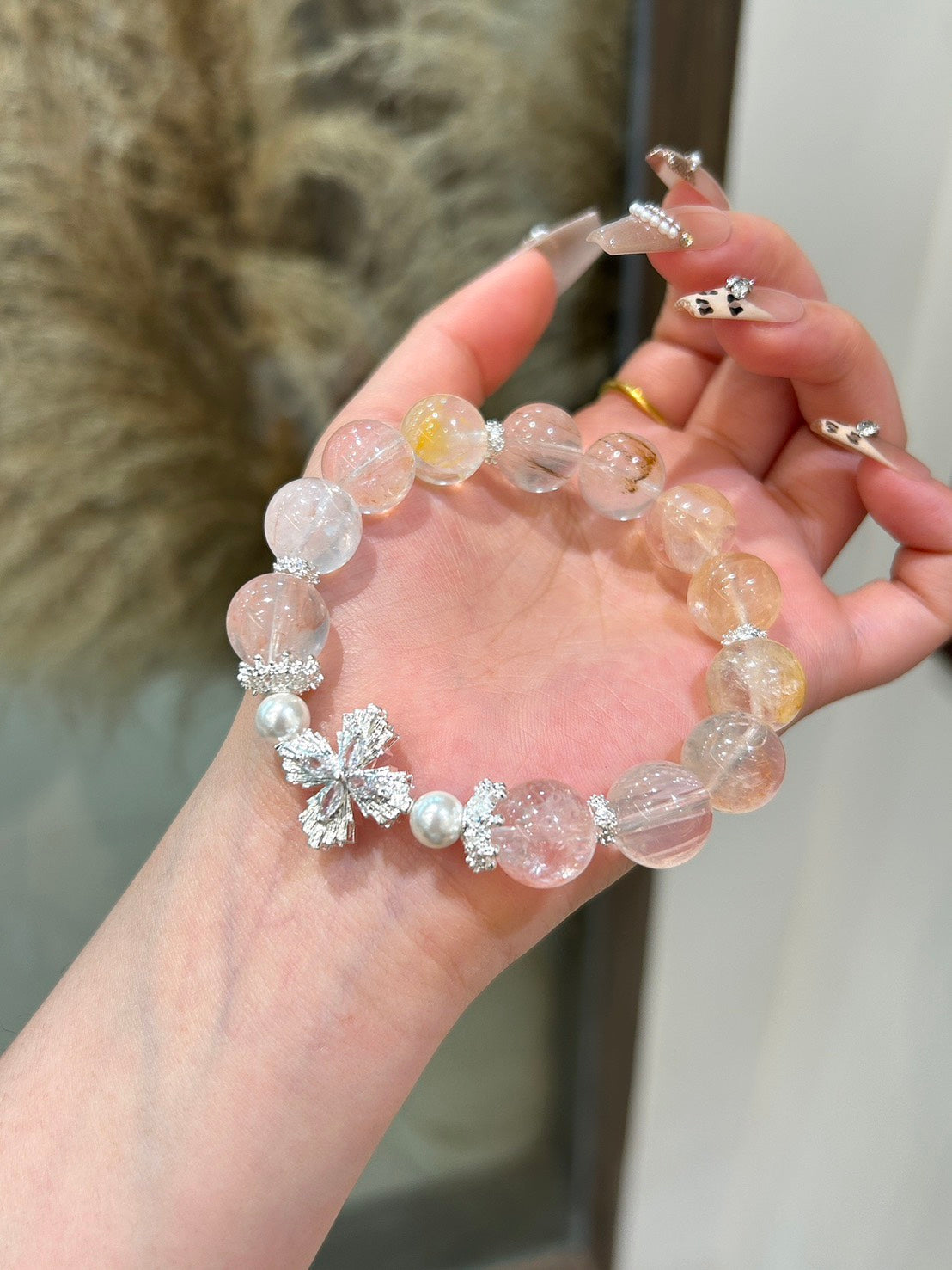 天然紅黃膠花水晶手鏈｜12mm夢幻雙色 × 白銀配飾｜招財 × 桃花能量雙啟動｜夢幻雙色 × 能量雙全