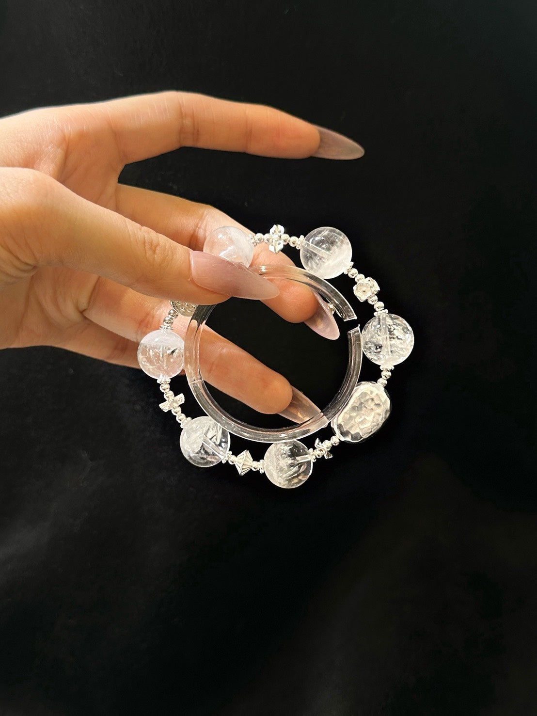 高貨透體白幽靈半盆水晶手鏈｜14.5mm × 純銀配飾｜ 靈性升頻 × 聚氣納寶之選