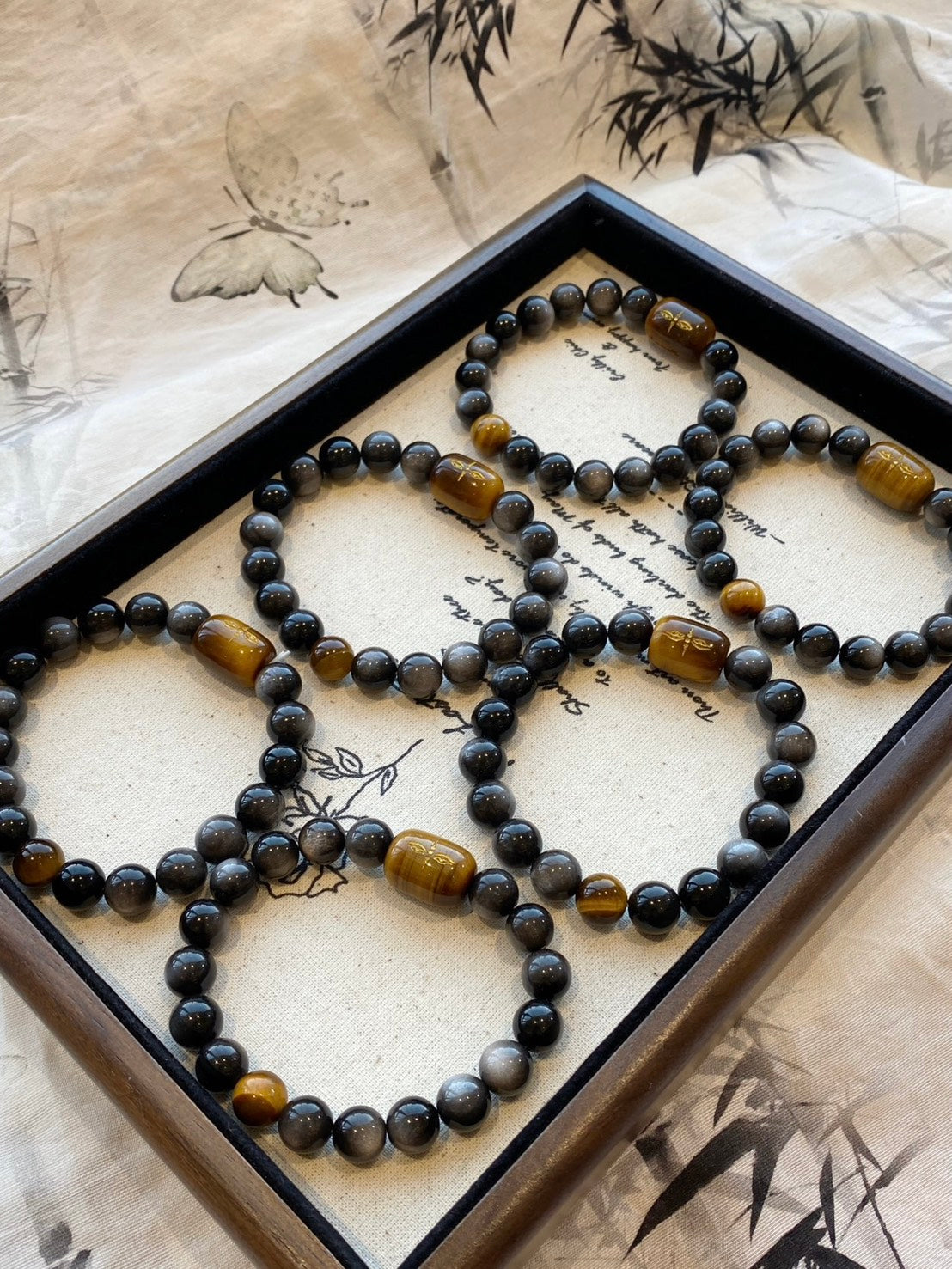 天然黃虎眼 × 雕刻銀曜石水晶手串｜10mm｜情侶款