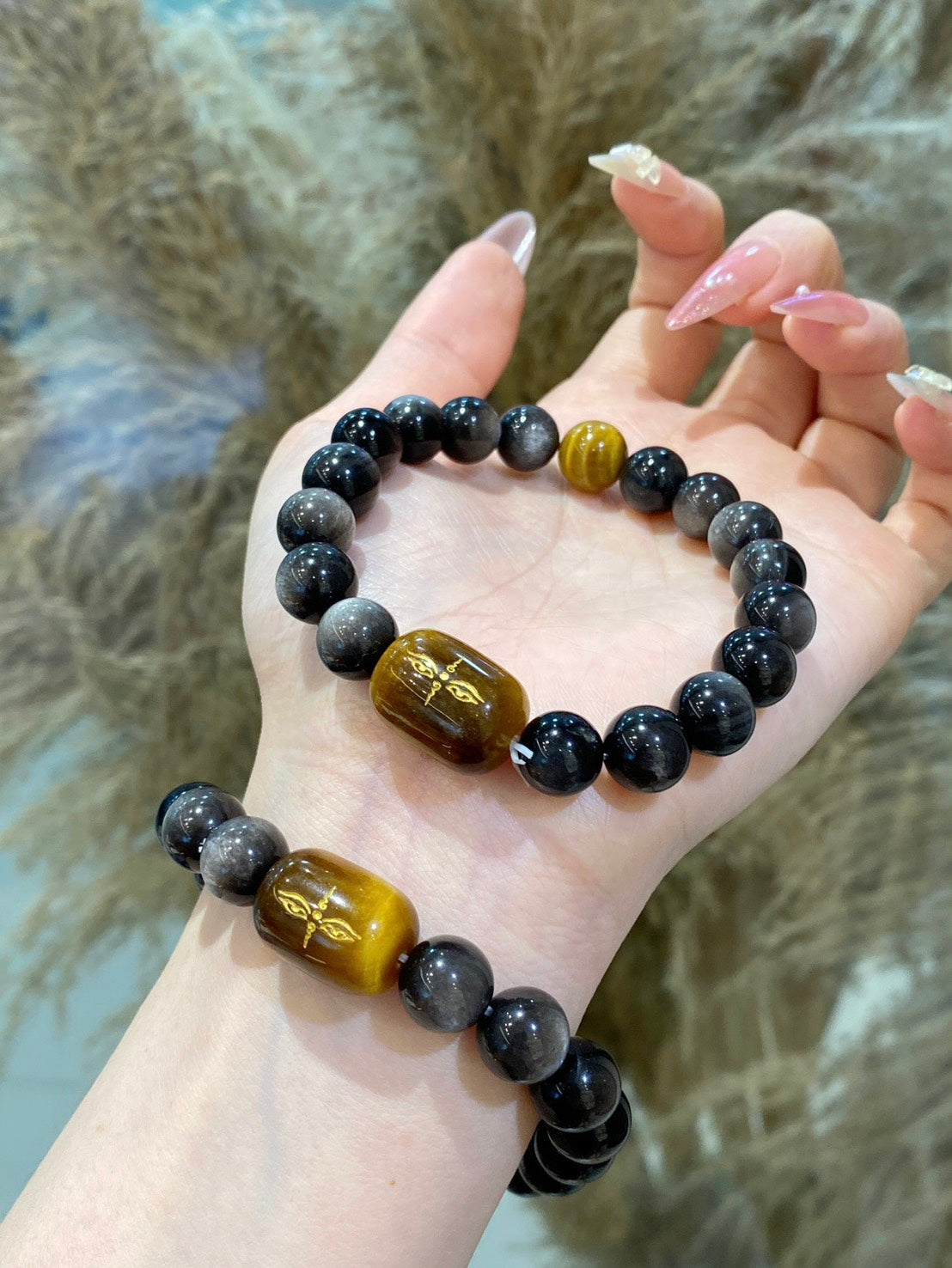 天然黃虎眼 × 雕刻銀曜石水晶手串｜10mm｜情侶款