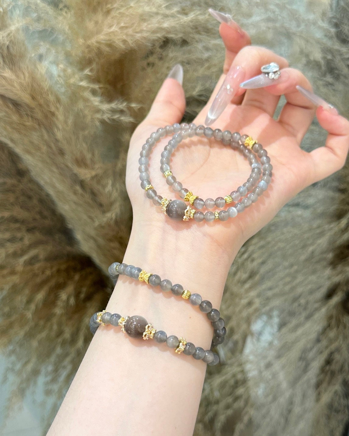 天然灰月光雙圈手鍊｜5mm淺灰×深灰｜「好好睡」靜心安眠系列