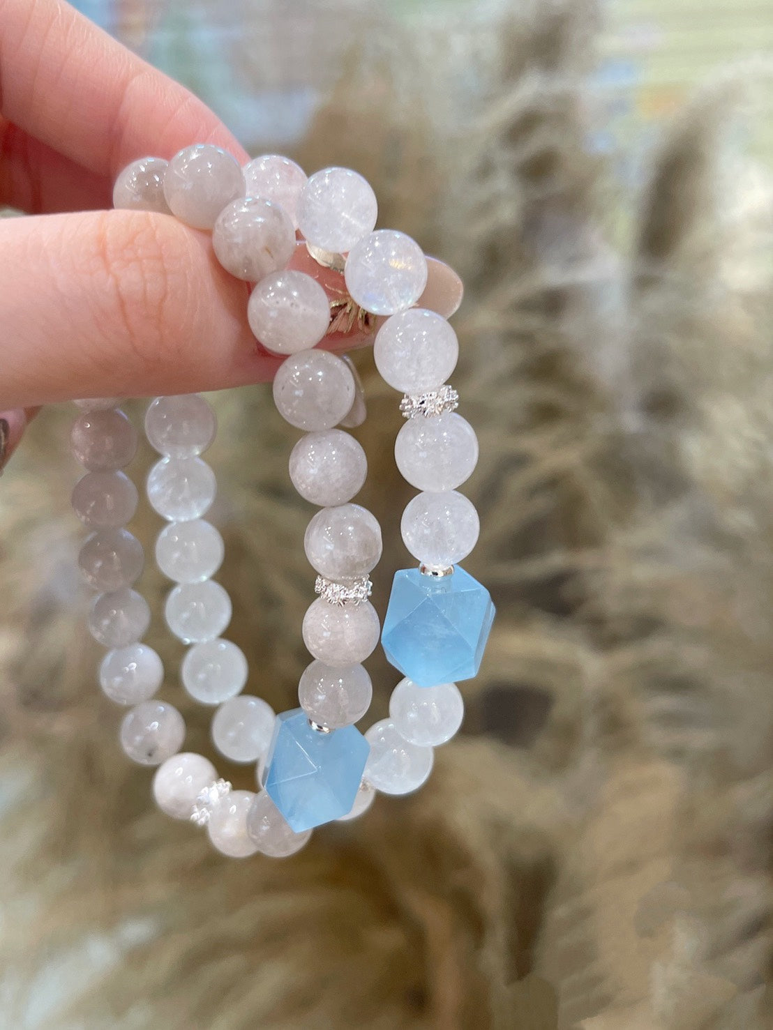 天然灰兔毛水晶 × 海藍寶手串｜8mm溫柔防護 × 聚財百搭