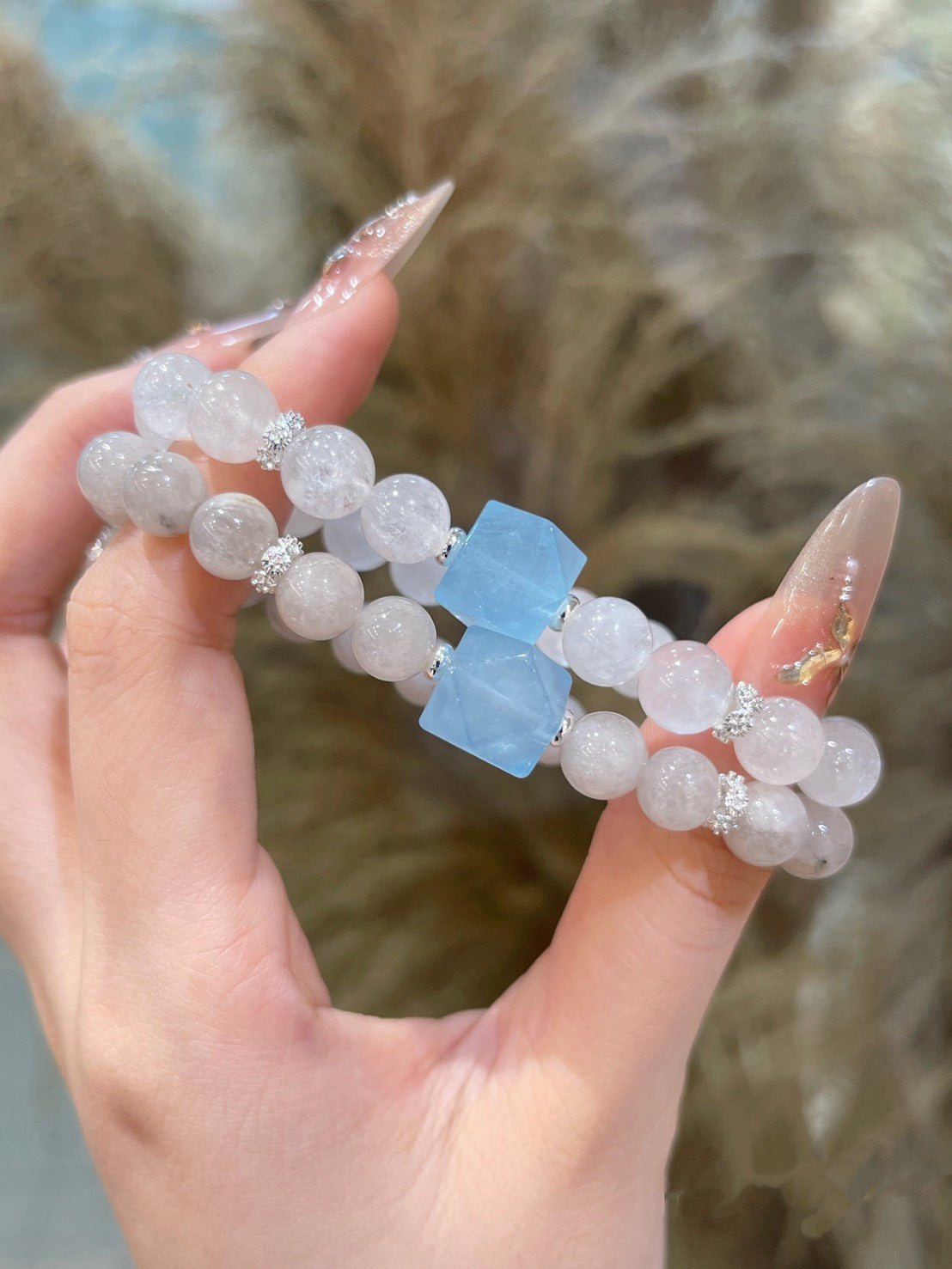 天然灰兔毛水晶 × 海藍寶手串｜8mm溫柔防護 × 聚財百搭