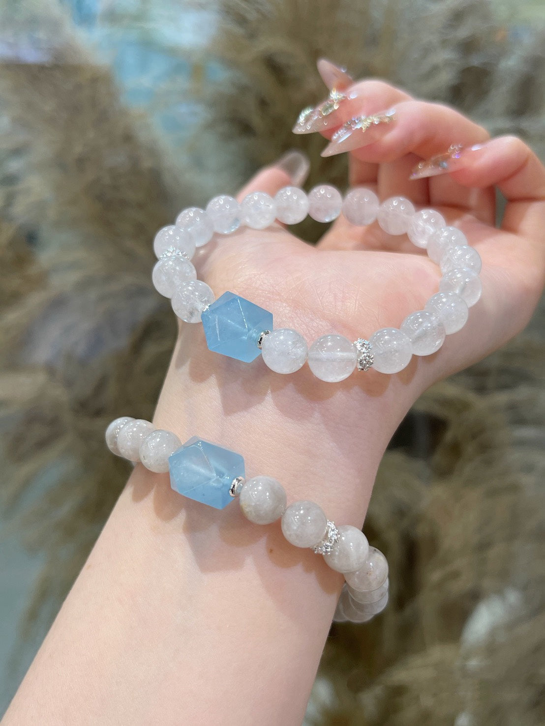 天然灰兔毛水晶 × 海藍寶手串｜8mm溫柔防護 × 聚財百搭